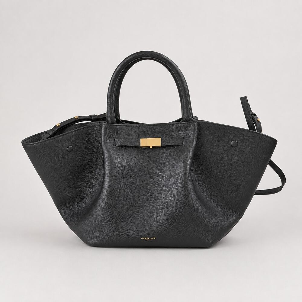 DeMellier The Midi New York Black Leather Satchel Tote with Gold Hardware